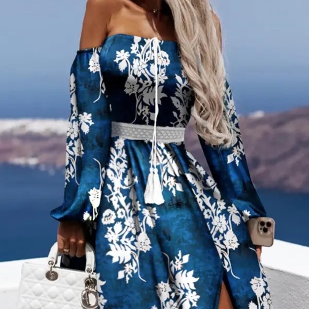 Chicme  tribal Print Off Shoulder Contrast Lace Slit Maxi Dress